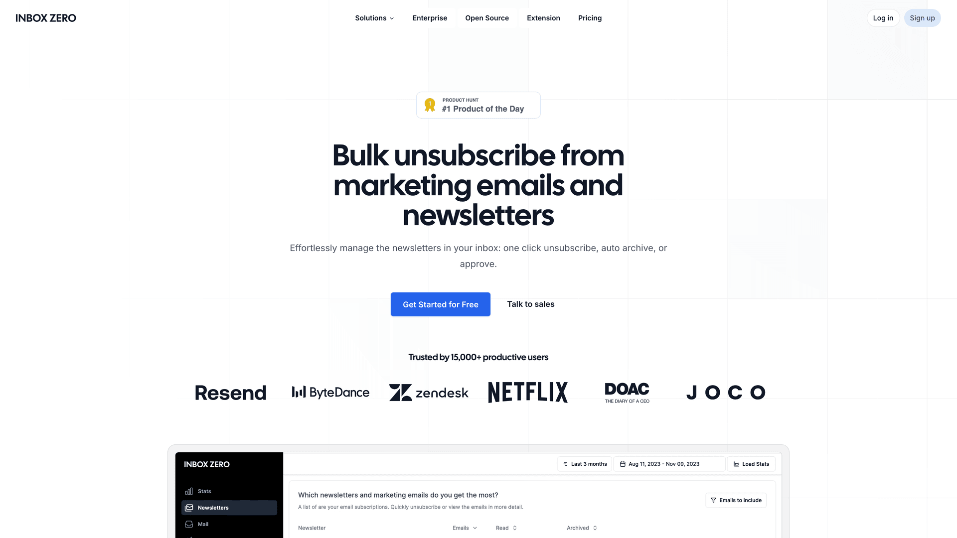 Inbox Zero bulk email unsubscriber showing newsletter management and one-click unsubscribe functionality